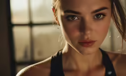 the woman has very large blue eyes and brown hair