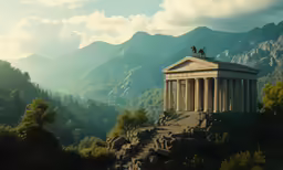 a picture of a mountain with a tower near trees