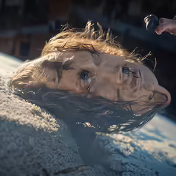 a person in water with a hand reaching out