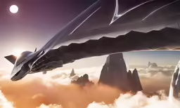 a futuristic flying airplane with mountains and clouds