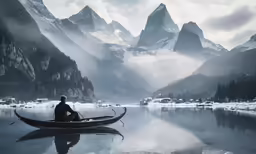a man sits in his boat on the shore of the mountains