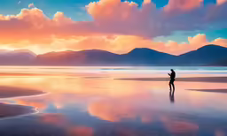 person standing on the shore with a sunset sky in background