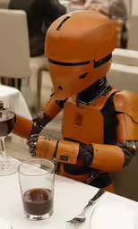 a robot is preparing to serve himself some wine