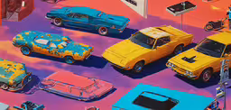 multiple cars parked on a purple, pink and yellow surface,an overhead view of various cars, from the top to bottom