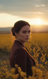 a woman in an empty field with a sunset in the background