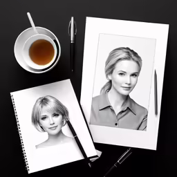 a picture of a woman with her picture in black and white is a coffee cup and pens