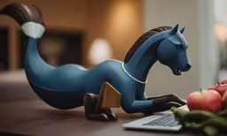 blue horse statue sitting on the desk next to some apples
