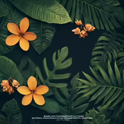 tropical leaves with flowers and buds on a black background
