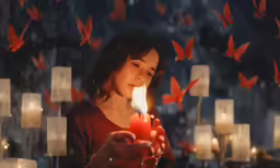 a woman holding a candle with red flying birds around her