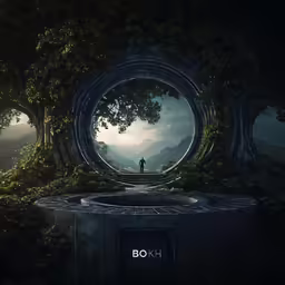 a circular area with trees and mountains and a man in the middle