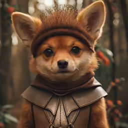 the dog is wearing a armor and hat
