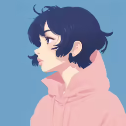 a person with black hair and pink hoodie