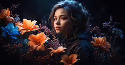 the woman looks down into her hand while surrounded by flowers