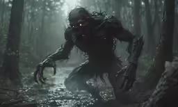 a person with long hair and demon teeth on in the middle of a forest