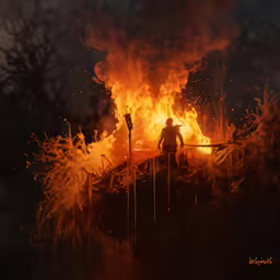 some firemen near some burning grass and trees