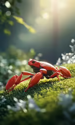 an orange crab sits in the middle of some green moss