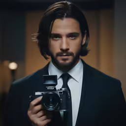 the man in a suit holds a camera in front of his face
