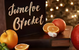 several pieces of fruit laying on top of a book
