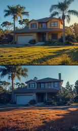 two houses that are all yellow and brown