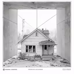 an old drawing of a house and window