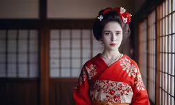 a young woman in red dressed in geisha