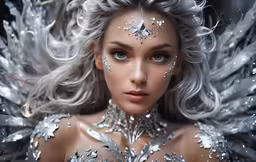 a beautiful woman in shiny silver and wings