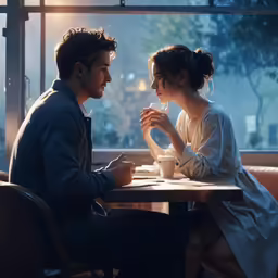 a couple sitting at a table eating something
