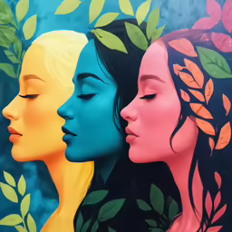 three women with long hair and green leaves painted on them