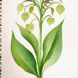 a painting of a plant with three leaves and two hearts attached to it