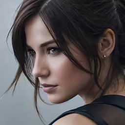 a woman wearing a black top is looking at the camera