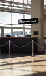 an airport lobby with a desk and sign