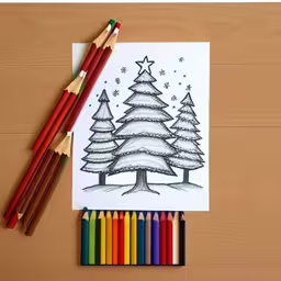 a bunch of pencils next to a drawing of a christmas tree,some pencils and an open book with drawings,the colored pencils are next to a drawing,colored pencils and two christmas trees sitting next to each other,pencils on the table next to some colorful markers and a card with a picture of a christmas tree