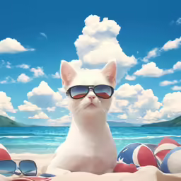 a white cat with sunglasses sitting on top of a beach