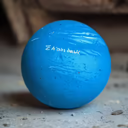a blue ball with white writing sits on the ground