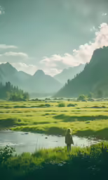 a woman standing in the middle of a lush green field