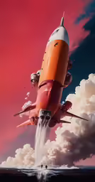 an airplane is going through a pink sky