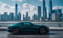a green sports car driving past a large city