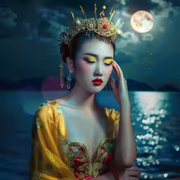 a painting of a woman wearing a crown and wearing yellow,a beautiful young woman with an oriental crown