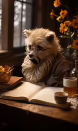 the dog is wearing glasses at the table with an open book