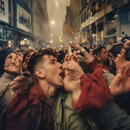 a crowd of people reaching for something, and eating food