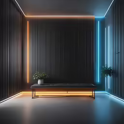 a long bench in the corner next to a plant