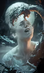 a young woman with blue eyes and hair splashes water from her face