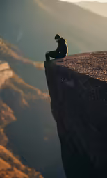 the man is sitting on the edge of a mountain