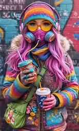 the woman is wearing a colorful outfit and has bright hair