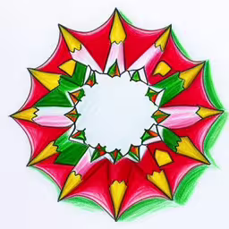 a drawing of an ornamental design with many smaller leaves,a drawing of some red and green leaves,a colorful circular design with leaves,colored pencils with a hole in the middle,colorful and simple drawing made with colored pencils