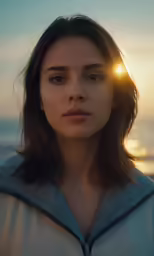 a beautiful woman with a jacket on looking off to the left