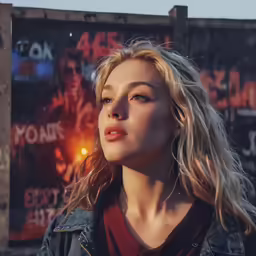 a young blonde lady poses for a portrait in front of a sign
