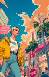 an illustration of a girl in a yellow shirt crossing the street