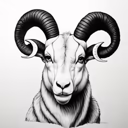 a goat with long horns with large curled hair