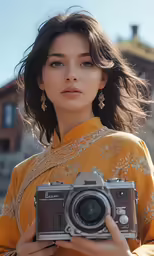 an asian woman is taking a picture with her old camera